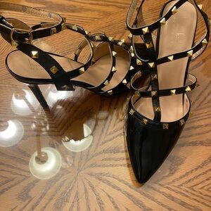 Nicole Miller Black Patent Pointed-Toe Strappy Heels with Gold Pyramid Studs